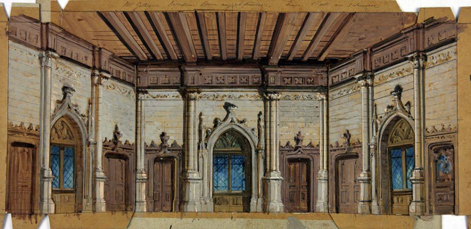 Eléments de décors de maquette en volume "Petit gothique", gouache sur carton - 48fi77