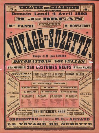 Affiche du Théâtre des Célestins : Le voyage de Suzette - 4 avril 1892 - 86wp_23_89