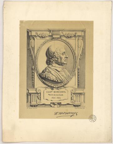 Portrait de Gaspard de Monconys, prévôt des marchands entre 1652 et 1654 : lithographie NB, dessin de Cabane et impression de Louis Perrin (sans date, cote : 16FI/416)