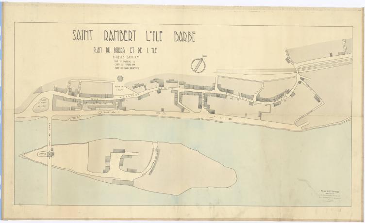 Saint-Rambert l'Ile-Barbe, plan du bourg et de l'île : dessin en couleur par Tony Cottraux (1/02/1934, cote : 2S/380)