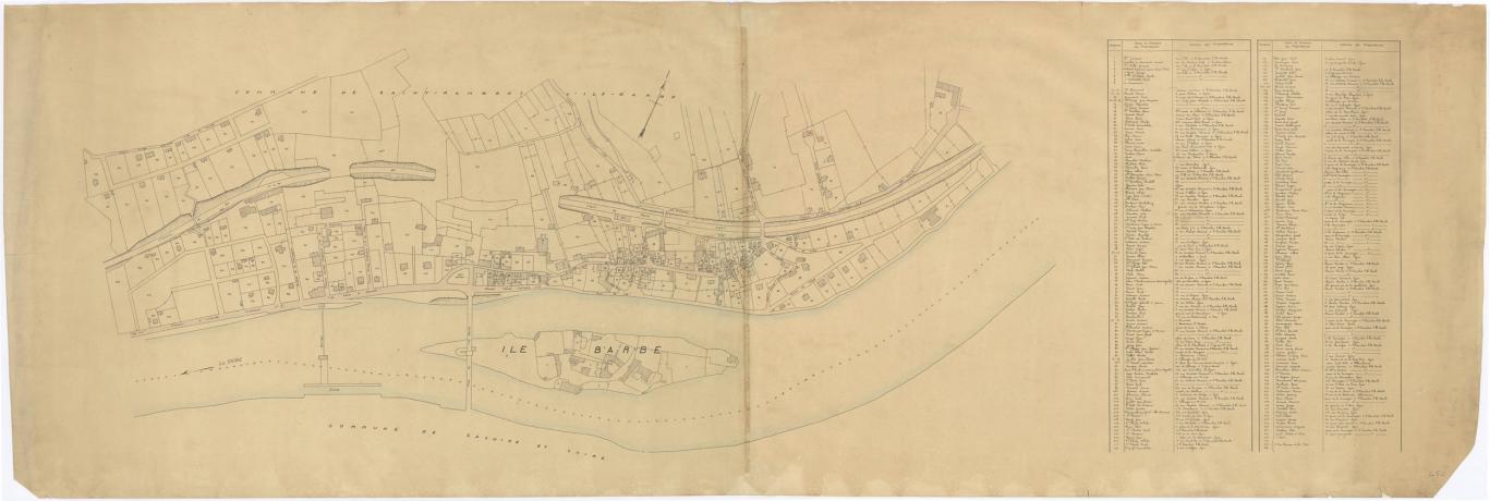 Plan parcellaire du bourg de Saint-Rambert-l'Ile-Barbe : dessin avec lavis de couleurs (1930, cote : 2S/450)