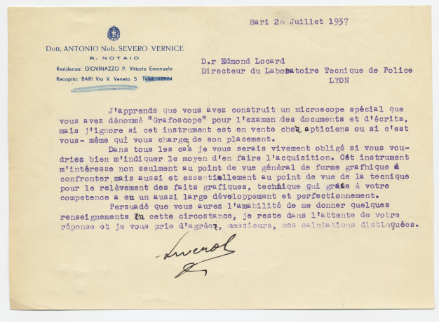 Demande de renseignements sur le graphoscope, adressée à Edmond Locard - 31ii57