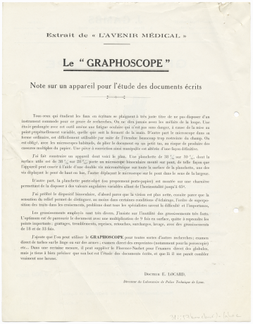 Plaquette publicitaire pour le graphoscope, invention d'Edmond Locard - 31ii57
