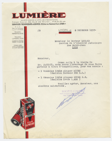 Courrier d'un fournisseur du laboratoire de police (Lumière) - 31ii57