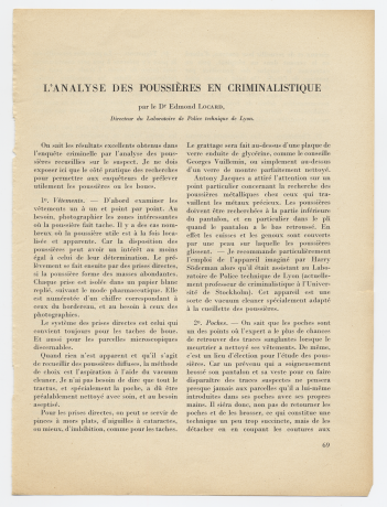 Edmond Locard, Analyse des poussières en criminalistique, in Revue de criminologie et police technique, Genève, 1947 - 31ii64