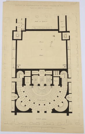 Projet de restauration du Grand Théâtre de Lyon, plan masse du rez-de-chaussée : dessin de Chenavard (v. 1825, cote : 3S/805/1)