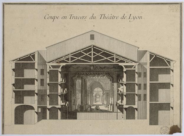 Théâtre de Lyon, coupe en travers : estampe par Soufflot (1754, cote : 1S/191/2)