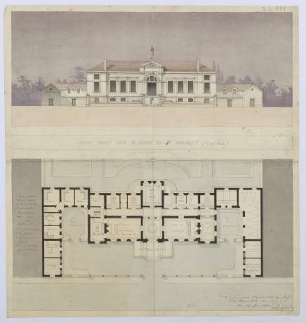 Mairie du 4e arrondissement, avant-projet par Tony Desjardins : plan masse et élévation, dessin manuscrit (14/02/1864, cote : 3S/721)