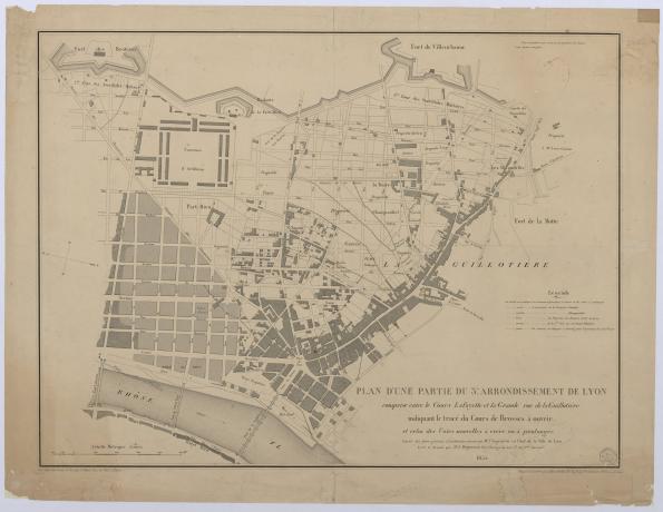 Plan d'une partie du 3e arrondissement de Lyon au nord de la Grande rue de la Guillotière : estampe NB par Dignoscyo (fils), E. Rembielinski et De Gracia (1855, cote : 3S/10)