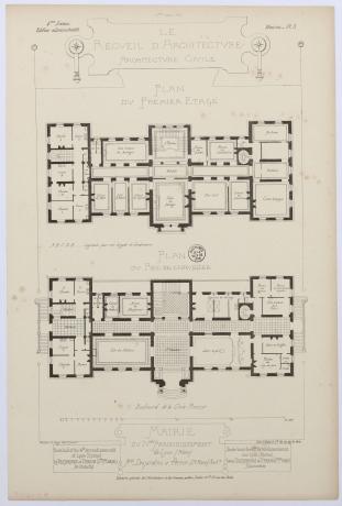 Mairie du 4e arrondissement : plans du rez-de-chaussée et du 1er étage par Sainte-Marie-Perrin et Tony Desjardins, extr. du Recueil d'architecture (1874, cote : 3S/1428)