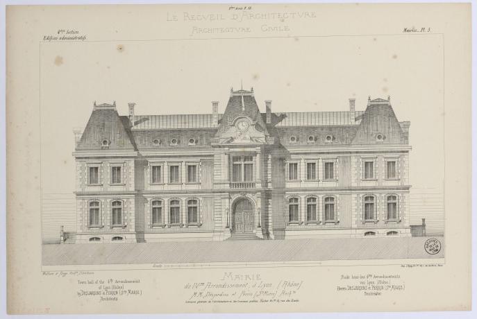 Mairie du 4e arrondissement : élévation de la façade principale par Sainte-Marie-Perrin et Tony Desjardins, extr. du Recueil d'architecture (1874, cote : 3S/1430)