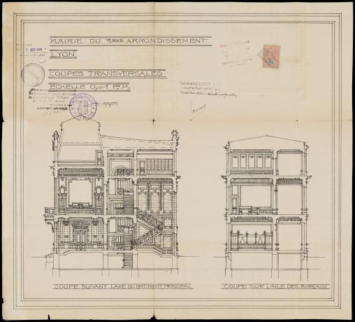 Mairie du 7e arrondissement, coupes transversales par Charles Meysson : plan d'architecte (1909, cote : 484WP/132)