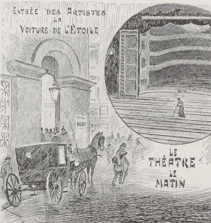 Le théâtre le matin, l'entrée des artistes : typogravure noir et blanc de Gustave Girrane (01/12/1895, cote : 63FI/56, détail)