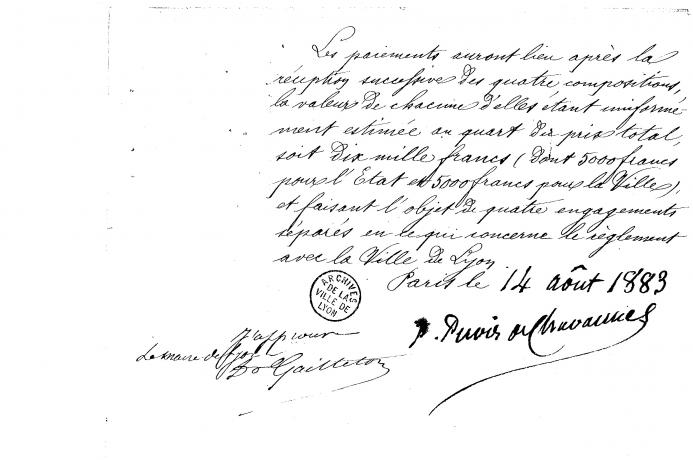 Signature d'Antoine Gailleton au bas d'un traité pour la décoration du grand escalier neuf du Palais des arts rédigé par Puvis de Chavannes (14/08/1883, cote : 65II/106)