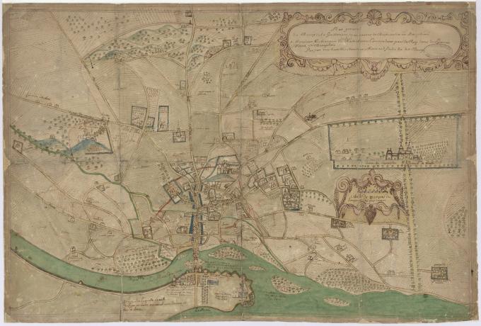 Plan général du bourg de la Guillotière, mandement de Béchevelin en Dauphiné : plan manuscrit couleur (1710, cote : 2S/13)