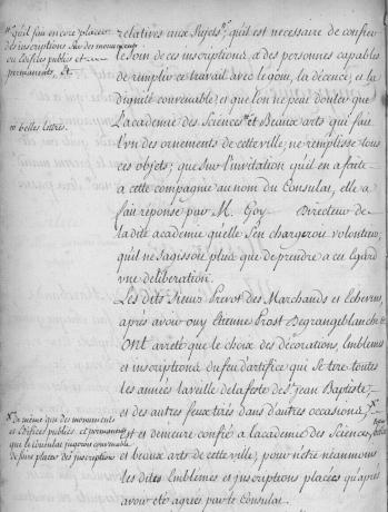 Rôle de l'Académie dans le choix des décorations, inscriptions et emblèmes de la Ville : extr. du registre des délibération consulaires (30/06/1763, cote : BB/331, folio 126v)