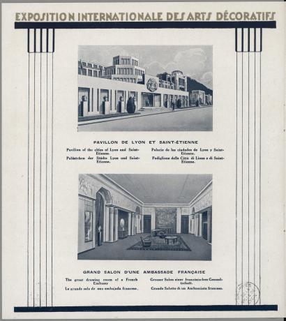 Paris 1925. Exposition internationale des arts décoratifs et industriels modernes : pavillon de Lyon et de Saint-Etienne et grand salon d'une ambassade française par Tony Garnier (1925, cote : 1C/305764)
