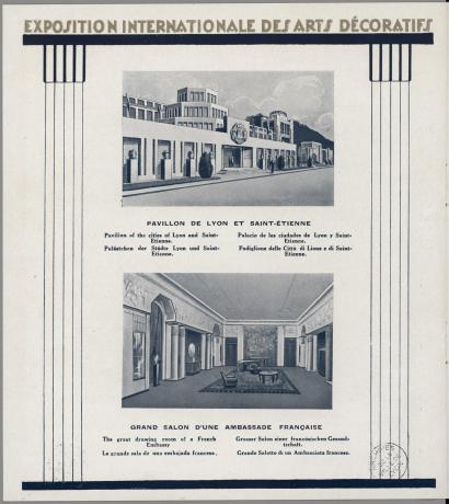 Paris 1925. Exposition internationale des arts décoratifs et industriels modernes : pavillon de Lyon et de Saint-Etienne et grand salon d'une ambassade française par Tony Garnier (1925, cote : 1C/305764)