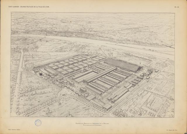 Les grands travaux de la Ville de Lyon par Tony Garnier : marché aux bestiaux et abattoirs de la Mouche (1920, cote : 1C/450461, pl. 43)