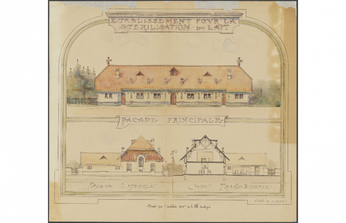 Etablissement pour la stérilisation du lait (vacherie municipale), façade, élévation et coupe d'un projet non retenu de Duret : encre noire rehaussée à l'aquarelle (1904, cote : 1140WP/100)