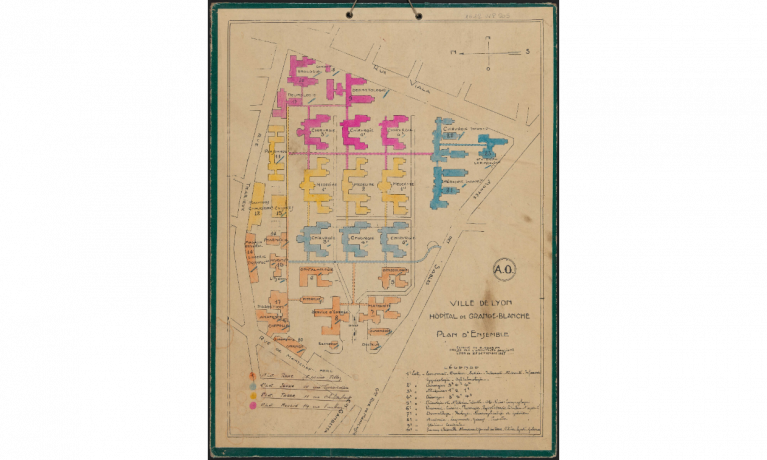 Hôpital Grange Blanche, plan d'ensemble : encre noire rehaussée de couleurs (1927, cote : 1612WP/205)