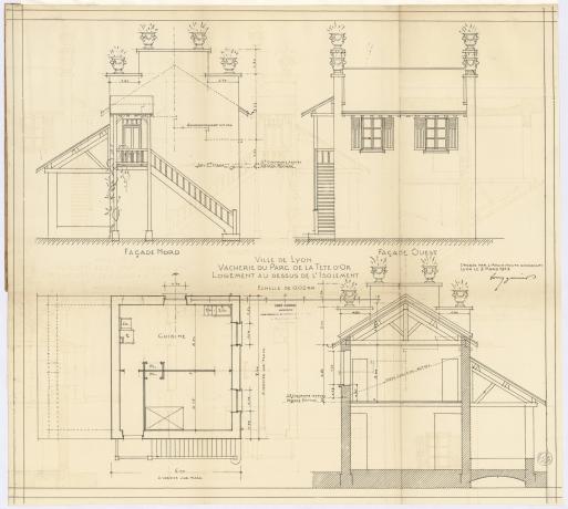 Vacherie du parc de la Tête d'Or, construction d'un logement au-dessus de l'isolement : plan, élévation et coupes (1912, cote : 2S/900)