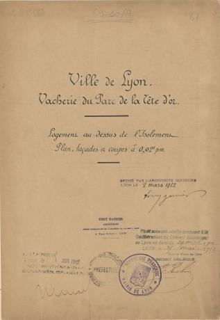 Vacherie du parc de la Tête d'Or, construction d'un logement au-dessus de l'isolement : titre du dossier (1912, cote : 2S/900)