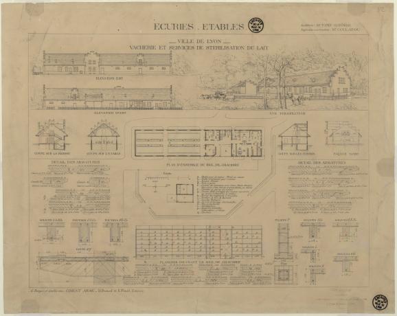 Vacherie du parc de la Tête-d’Or : plans, coupes et élévations, détails des armatures en ciment armé (sans date, cote : 3S/1204)