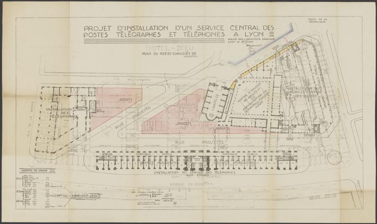 Désaffection de l'Hôtel-Dieu, projet d'installation d'un service central des PTT à Lyon : plan par Tony Garnier (1918, cote : 435WP/12)