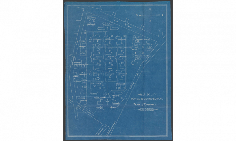 Hôpital Grange Blanche, plan d'ensemble : bleu d'architecte (1927, cote : 484WP/22)