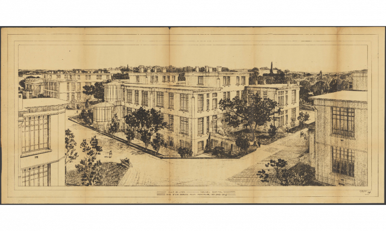 Hôpital Grange Blanche, vue perspective des extérieurs : dessin NB (1911, cote : 948WP/29)