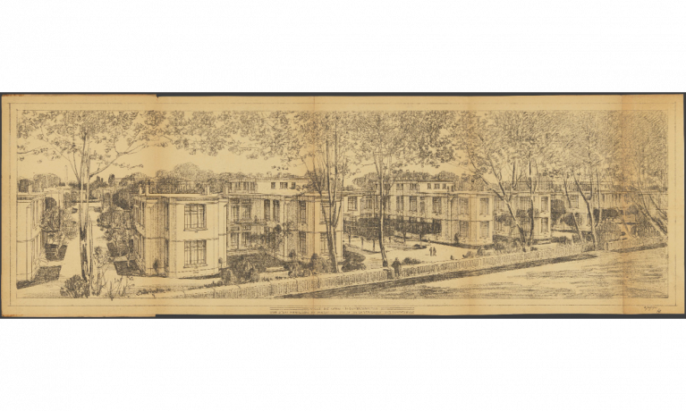 Hôpital Grange Blanche, vue perspective d'un pavillon de médecine prise de la terrasse des contagieux : dessin NB (1911, cote : 948WP/35)