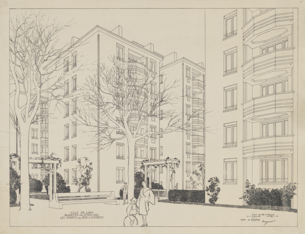 Quartier des Etats-Unis, jardins au pied des immeubles : dessin d'architecte NB (1929, cote : 1616_WP_243)