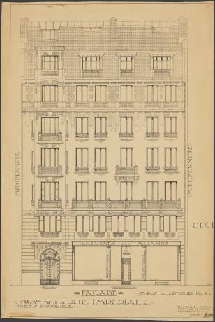 Façade de l'immeuble au 73 rue de la République : élévation par Bissuel, membre de la SAAL (1914, cote : 167II/65)