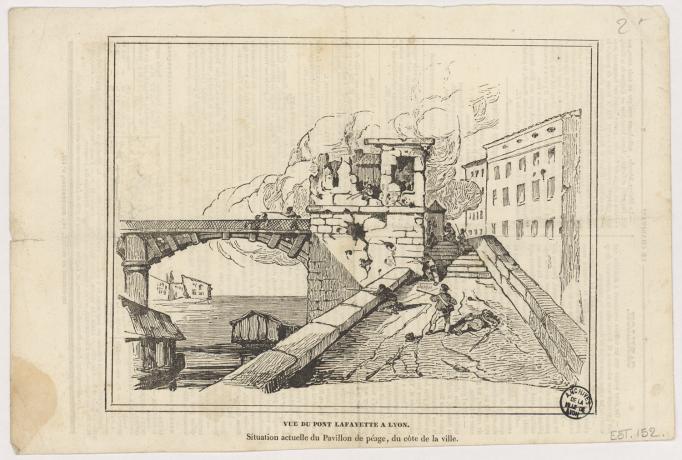 Vue du pont Lafayette à Lyon, situation actuelle du Pavillon de péage, du côté de la ville. Extr. de : Le Charivari, mai 1834 - 16Fi152
