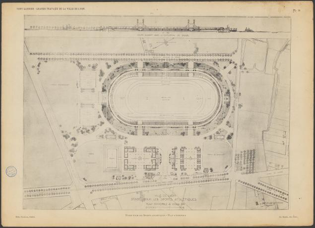Les grands travaux de la Ville de Lyon par Tony Garnier, stade pour les sports athlétiques : plan d'ensemble (1920, cote : 1C/450461, pl. 14)