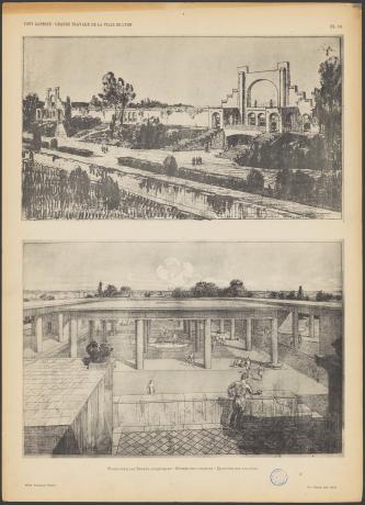 Les grands travaux de la Ville de Lyon par Tony Garnier, stade pour les sports athlétiques : entrée et quartier des athlètes (1920, cote : 1C/450461, pl. 16)