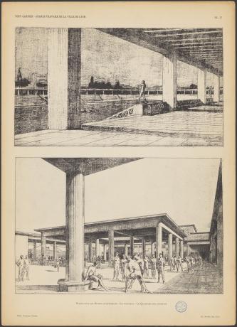 Les grands travaux de la Ville de Lyon par Tony Garnier, stade pour les sports athlétiques : le portique et le quartier des athlètes (1920, cote : 1C/450461, pl. 17)