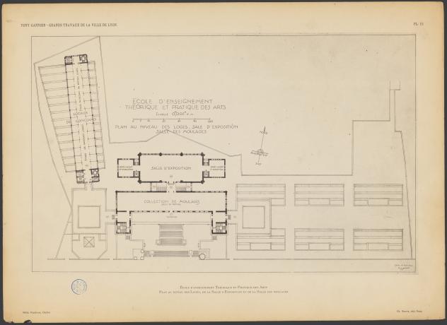 Les grands travaux de la Ville de Lyon par Tony Garnier, école d'enseignement théorique et pratique des arts : plan au niveau de la salle d'exposition (1920, cote : 1C/450461, pl. 21)