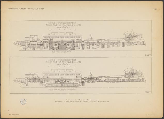 Les grands travaux de la Ville de Lyon par Tony Garnier, école d'enseignement théorique et pratique des arts : élévation et coupe sur le jardin (1920, cote : 1C/450461, pl. 22)