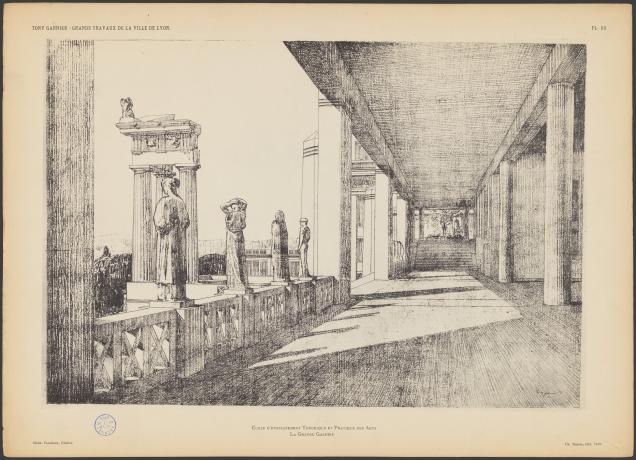 Les grands travaux de la Ville de Lyon par Tony Garnier, école d'enseignement théorique et pratique des arts : la grande galerie (1920, cote : 1C/450461, pl. 26)