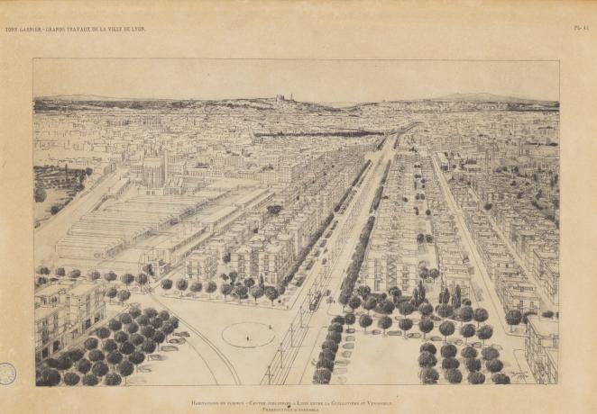 Les grands travaux de la Ville de Lyon par Tony Garnier, cité des Etats-Unis : perspectives d'ensemble (1920, cote : 1C/450461, pl. 41)