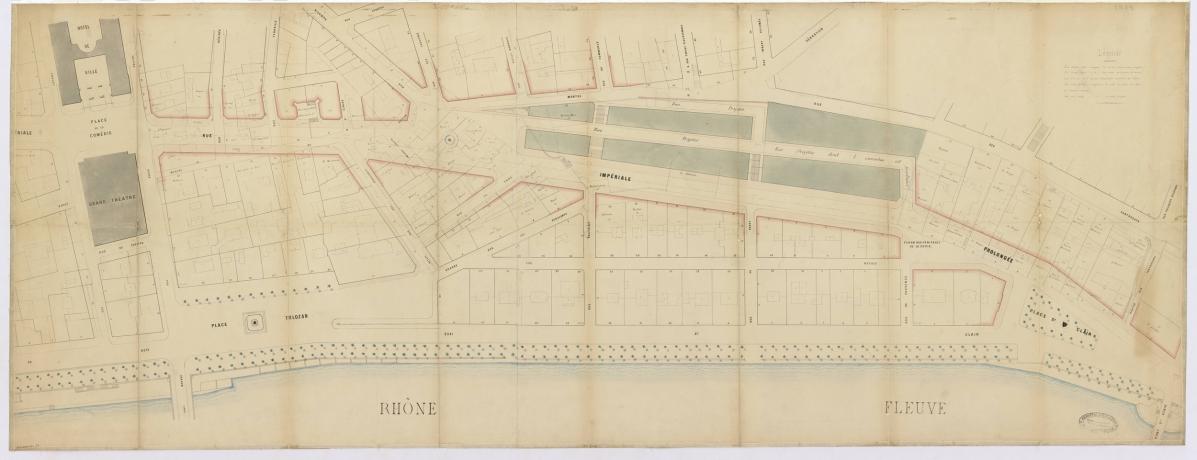 Prolongement de la rue Impériale de la place de la Comédie au cours d'Herbouville : plan général d'un projet de Bonnet non réalisé (10/10/1859, cote : 1S/89)