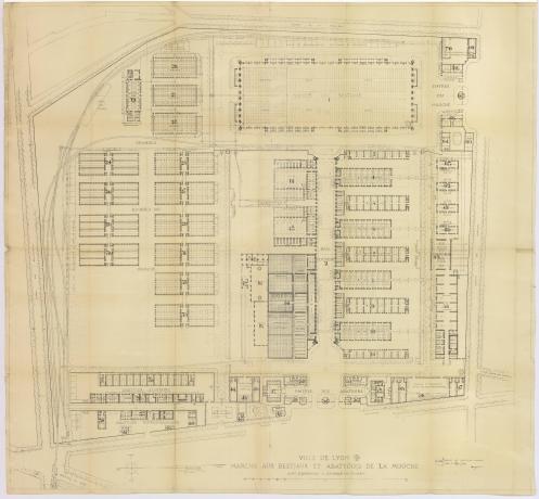 Marché aux bestiaux et abattoirs de La Mouche : plan d'ensemble en NB (15/12/1911, cote : 1S/273)