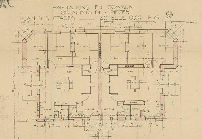 Quartier des Etats-Unis, habitations en commun : plan des logements de 4 pièces (1920, cote : 2S/1166)