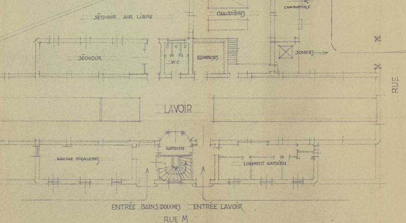 Quartier des Etats-Unis, projet de lavoir-bains-douches : plans et élévation de la façade principale. (1933, cote : 2S/938, détail)