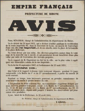 Avis pour le projet d'ouverture de la rue Impériale : affiche administrative par Vaïsse (23/04/1855, cote : 321WP/175)