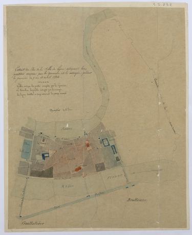 Extrait du plan de Lyon (entre les places des Terreaux et Bellecour), indiquant les positions des insurgés (en rouge) et de la troupe (en bleu) pendant les journées du 9 au 14 avril 1834 - 3S732
