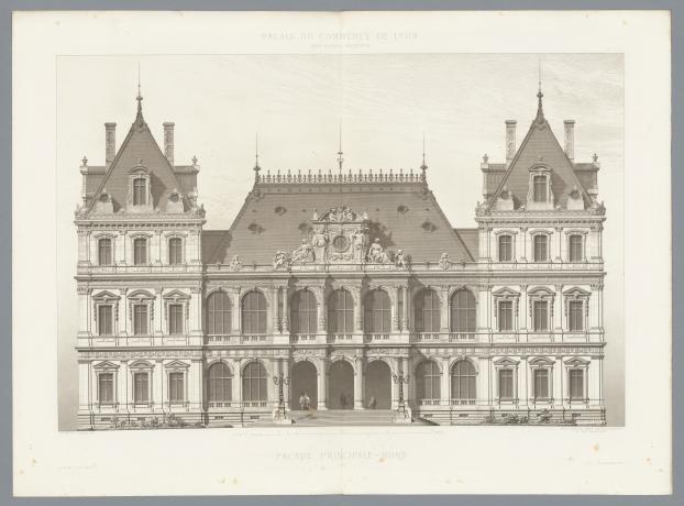 Monographie du Palais du commerce par René Dardel, façade principale nord : estampe NB (1868, cote : 3SAT/31)
