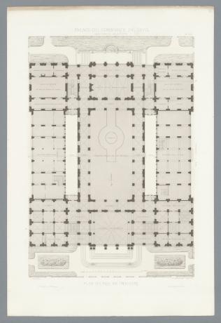 Monographie du Palais du commerce par René Dardel, plan du rez-de-chaussée : estampe NB (1868, cote : 3SAT/31)